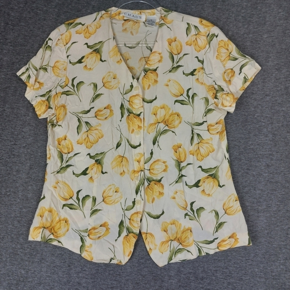 CHAUS WOMEN VINTAGE CREAM YELLOW FLORAL TULIP PRINT V-NECK BUTTON UP SHIRT SZ 12 - Picture 1 of 6